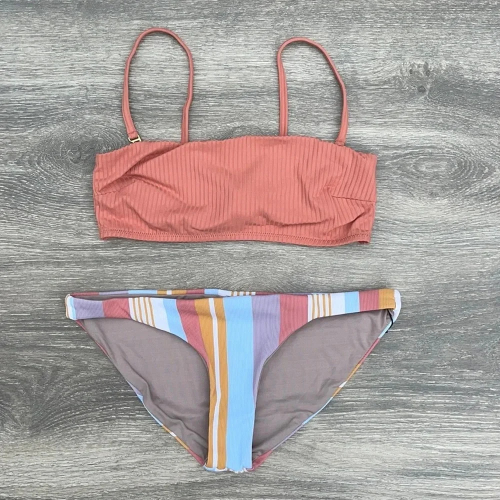 Vitamin A Mila Bandeau in soft coral & Luciana Hipster Bottom in verano stripe - Picture 2 of 14
